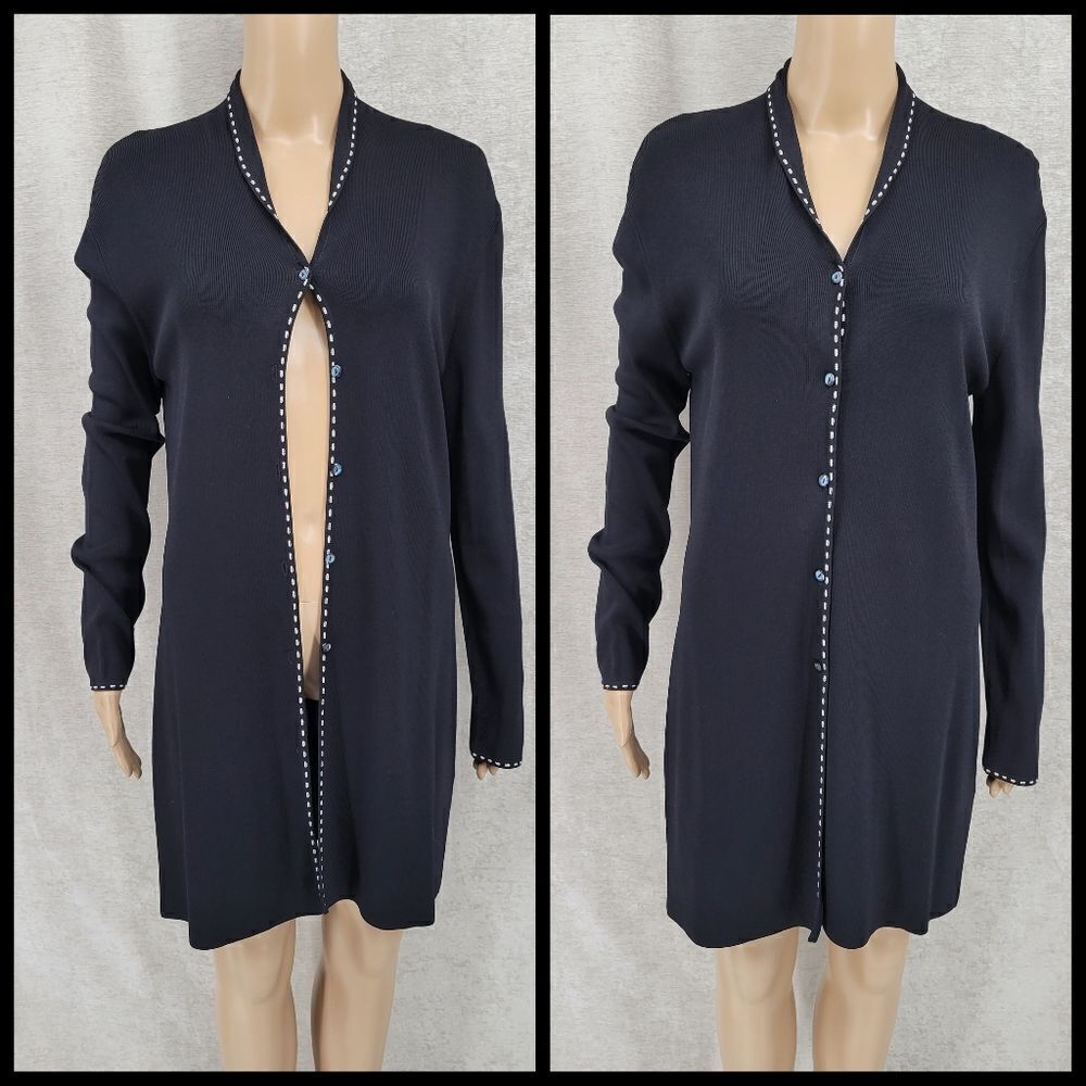 Venini Longline Cardigan Duster Black Ribbed Sweater Women's Size Large
